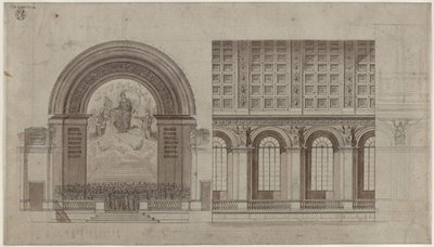 Berlin, Unter den Linden. Förslag till en sal för Sing-Akademie i Konstakademiens bakre flygel. Tvärsnitt och längdsnitt av Karl Friedrich Schinkel