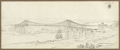 Utsikt över hängbron över Menaisundet nära Bangor i Wales av Karl Friedrich Schinkel