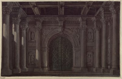 Bruden från Messina. Sorgespel av Friedrich Schiller. Utkast till den 1:a och den sista dekoren. Hall med kolonner och portal av Karl Friedrich Schinkel