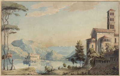 Dekoration för allmänt bruk. Landskap med sjö och kyrka av Karl Friedrich Schinkel