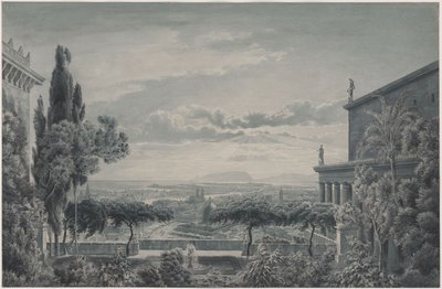 En furstes residens. Fursteparets privata trädgård med utsikt över staden och havet av Karl Friedrich Schinkel