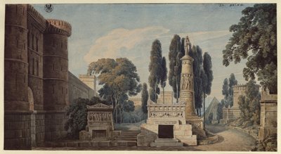 Vestalen. Opera av Gaspare Spontini. Utkast till den 3:e dekoren. Utsikt över en antik romersk gravgata av Karl Friedrich Schinkel