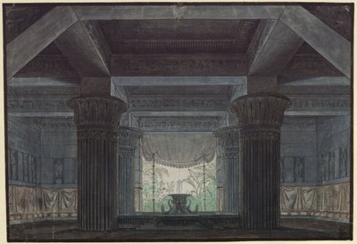 Trollflöjten. Opera av Wolfgang Amadeus Mozart. Skiss till den 3:e dekoren. Sal i Sarastros borg av Karl Friedrich Schinkel