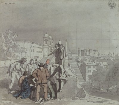 En grupp spelare med kyrkan Santa Trinità dei Monti i Rom i bakgrunden av Karl Friedrich Schinkel