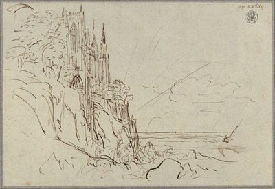 En gotisk kyrka vid en brant havskust framför den uppgående solen av Karl Friedrich Schinkel