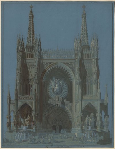 Fasad till en gotisk katedral med två torn av Karl Friedrich Schinkel