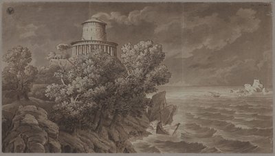 Klipprig havskust med en fyr i antikiserande stil i upprörd sjö av Karl Friedrich Schinkel