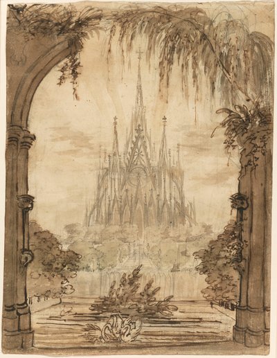 Gotisk katedral bakom en damm med svanar av Karl Friedrich Schinkel
