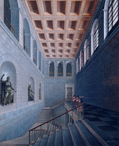 Interiörvy av en trappa, design för ett slott i Koestritz, 1802-03 (penna & bläck och bc på papper) av Karl Friedrich Schinkel