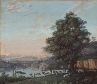 Italienskt ideallandskap med träd, hjord och berg av Karl Friedrich Schinkel