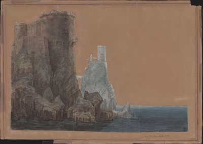 Kung Yngurd. Sorgespel av Adolf Müllner. Utformning för den 4:e dekorationen. Torn med Dödsporten vid havet av Karl Friedrich Schinkel