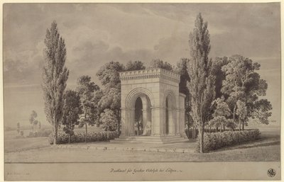 Lützen. Utkast till ett monument över Sveriges kung Gustav II Adolf i form av en romansk hall över Svenskstenen med en tillbyggd absid. Vy av Karl Friedrich Schinkel