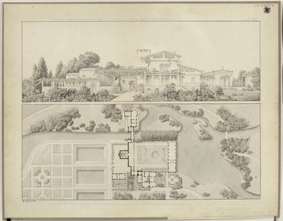 Potsdam-Sanssouci. Romerska bad vid Charlottenhofs slott. Vy från väster och planritning över trädgårdsmästarens hus av Karl Friedrich Schinkel