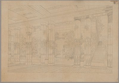 Orianda slott på Krim. Antik utformning. Perspektivisk vy över kejserhovets portik med bassäng och museum av Karl Friedrich Schinkel