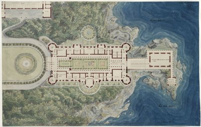 Orianda slott på Krim. Moskovitiskt utkast. Planritning med omgivningar av Karl Friedrich Schinkel