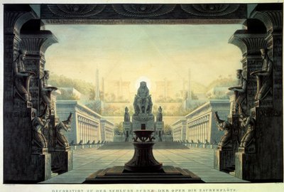 Teaterdekor: Dekor för operan "La flute enchante (Die Zauberflote) av Wolfgang Amadeus Mozart, på ett libretto av Emanuel Schikaneder. Teckning av Karl Schinkel (1781-1841) av Karl Friedrich Schinkel