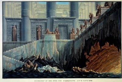 Teaterdekor för den förtrollande flöjten (Opera "" Die Zauberflote"" av Wolfgang Amadeus Mozart). Gravyr av Karl Schinkel (1781-1841) Ec. Allt. av Karl Friedrich Schinkel