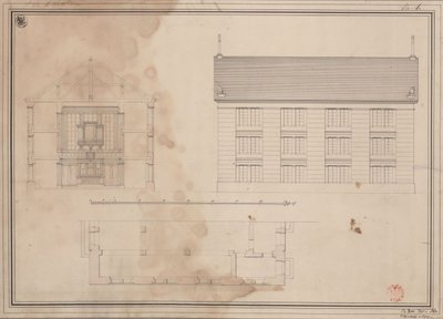 Tillendorf (Bolesławice, regeringsdistriktet Liegnitz). Förslag till den evangeliska kyrkan. Planritning, uppställning av sidofasaden och tvärsnitt av Karl Friedrich Schinkel