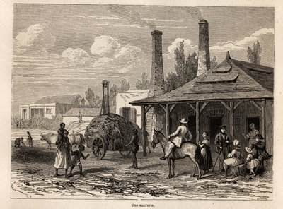 En sockerfabrik från Riviere du Rempart, i Mauritius, ritning av Karl Girardet (1813-1871), för att illustrera Alfred Verneys vistelse på Mauritius 1861. Gravyr i "" Le tour du monde", redigerad av Edouard Charton av Karl Girardet