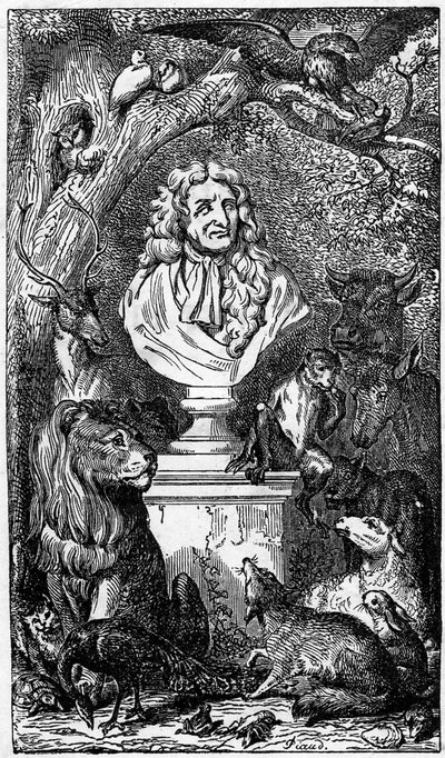 Allegorisk byst av Jean de La Fontaine, omgiven av djur; framsidan av en bok av Fables de la Fontaine av Karl Girardet