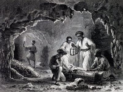 Arkeologiska upptäckter i Samouns grottor, gravyr baserad på ritning av Karl Girardet (1813-1871) av Karl Girardet