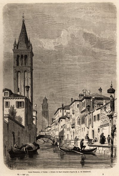 Rezonico-kanalen, teckning av Karl Girardet (1813-1871), för att illustrera Adalbert de Beaumonts resa till Venedig, cirka 1850. Gravyr i "" Le tour du monde", redigerad av Edouard Charton av Karl Girardet