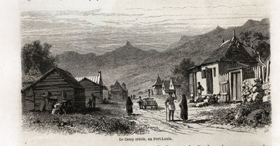 Lägret kreol, i Port Louis, teckning av Karl Girardet (1813-1871), för att illustrera Alfred Verneys vistelse på Mauritius 1861. Gravyr i "" Le tour du monde", redigerad av Edouard Charton av Karl Girardet