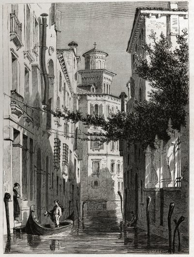Bianca Cappellos palats i Venedig, Venedig. teckning av Karl Girardet (1813-1871), för att illustrera Adalbert de Beaumonts resa till Venedig, omkring 1850. Gravyr i "" Le tour du monde", redigerad av Edouard Charton av Karl Girardet