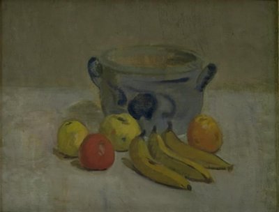 Stilleben med grå burk, äpplen och bananer av Karl Isakson