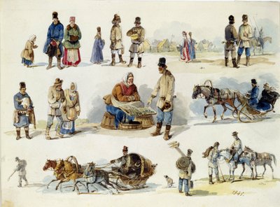 Ryska folktyper. (Folktyper av Ryssland). Verk av Karl Ivanovich Kolmann (1786-1846), akvarell på kartong av Karl Ivanovich Kolmann