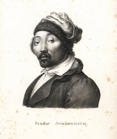 Feodor Jwanowitsch, Kalmyk nomad kidnappad av ryssarna som senare blev målare och kopparstickare. Litografi av Karl Joseph Brodtmann ur Heinrich Rudolf Schinz