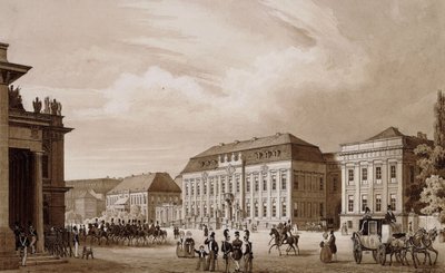 Unter den Linden, Berlin. En vy från Neue Wache mot Kronprinzenpalais med Prinzessinenpalais till höger och Kommandatur till vänster, av Karl Loeillot Hartwig