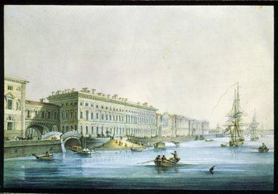 Utsikt över palatsvallen i St Petersburg. Målning av Karl Petrovich Beggrov (1799-1875). Akvarell och tusch på papper, ca 1830, rysk konst från 1800-talet, klassicism. Ryska statens museum, Saint Pet av Karl Pavlovich Beggrov