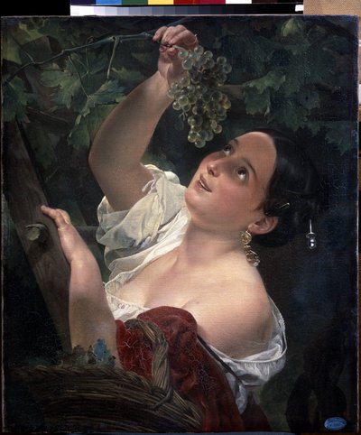 Italiensk middag (italiensk middag). Ung kvinna, bar axel, plockar en klase av druvor - Målning av Karl Pavlovich Briullov (Briullov) (1799-1852) - Olja på duk av Karl Pavlovich Bryullov