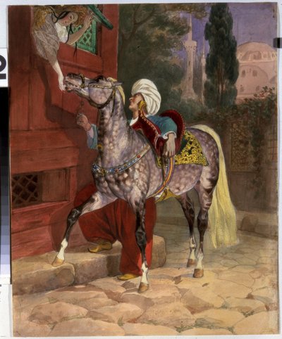 Träffas i Konstantinopel (nu Istanbul, Turkiet). En ung man i turban uppvaktar en ung flicka som lutar sig ut genom fönstret för att erbjuda socker till sin häst. I bakgrunden basilikan och moskén Saint Sophia. Konstverk av Karl Pavlovich av Karl Pavlovich Bryullov