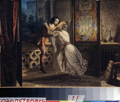 Romeo och Julia (Romeo och Julia). En man klättrar på en balkong för att hitta en kvinna på ett hemligt möte. Målning av Karl Pavlovich Briullov (Bryullov) (1799-1852). Akvarell på kartong, ca 1830, 23,2 x 31,5 cm, rysk konst av Karl Pavlovich Bryullov