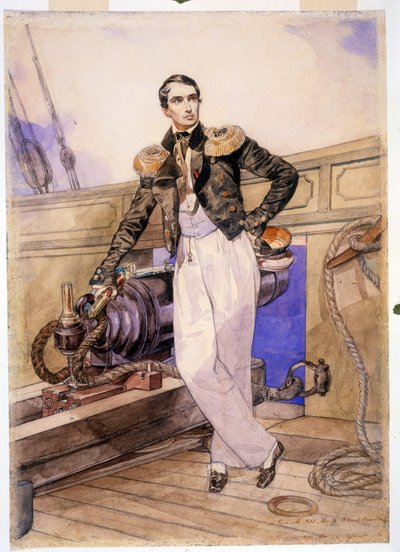 Vladimir Alekseevich Kornilov 1806-1854) ombord på briggen Themistokle. (Vladimir Alexeyevich Kornilov ombord på briggen Themistokles). Sjöofficer och stabschef för Svartahavsflottan, hjälte från Krimkriget (1853-1856), står upp av Karl Pavlovich Bryullov