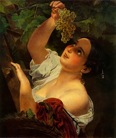 Italiensk middag, italiensk flicka som plockar druvor av Karl Pavlovich Bryullov