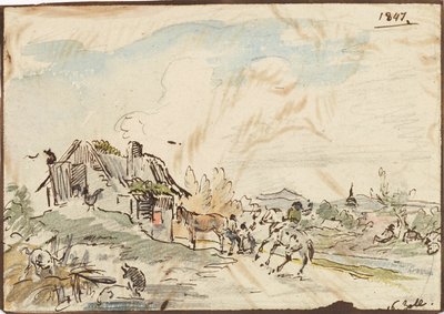 Lantlig idyll, bondgård med hästar av Karl Pischinger