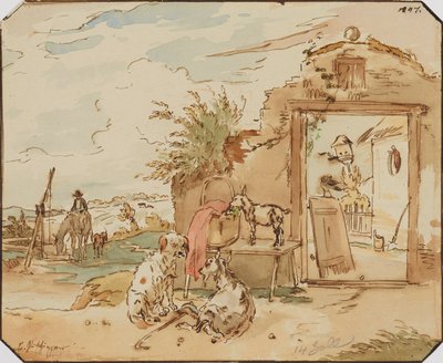 Lantlig idyll, bondgård med getter, hund, häst vid brunn av Karl Pischinger