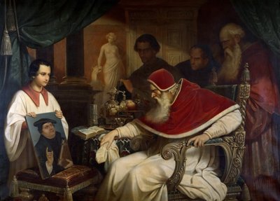 Påven Paul III 1468-1549 tittar på Cranachs porträtt av Luther, 1838-1839. av Karl Schorn