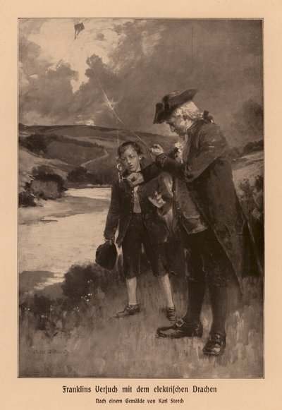Benjamin Franklin undersöker blixten (litografi) av Karl Storch