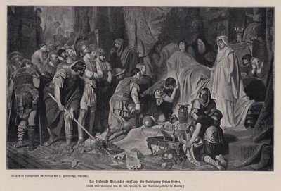 Den döende Alexander den store tar emot hyllningen av sin armé, Babylon, 323 f.Kr. (litho) av Karl Theodor von Piloty