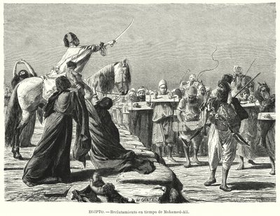 Rekrytering av soldater till den osmanska armén under Muhammad Alis tid, Khedive i Egypten (litho) av Karl Wilhelm Gentz