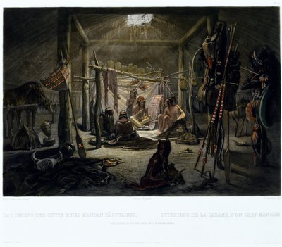 Interiören av en Mandan-hövdings koja, graverad av Narcisse Edmond Desmadryl (f.1801) c.1835 (gravyr med akvatint) av Karl after Bodmer