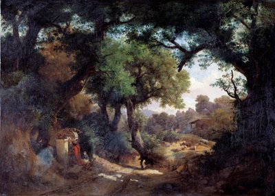 Representation av målaren Andrea del Castagno (1419-1457) med herde i ett landskap (Porträtt av målaren Andrea del Castagno och en herde i ett landskap) Målning av Carlo Marko junior (1822-1891) 1863 Dim 59x83 cm Genes, Galleria d 