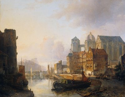 Fantasifull utsikt över en stad vid floden med Aachen-katedralen av Kasparus Karsen (signed by artist)