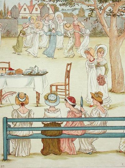 En trädgårdsfest (färg litho) av Kate (after) Greenaway