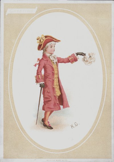 Pojke i röd kostym, viftande näsduk (färg litho) av Kate (after) Greenaway
