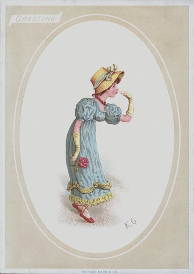 Flicka i blå klänning, med halmhuva, håller ros (färg litho) av Kate (after) Greenaway